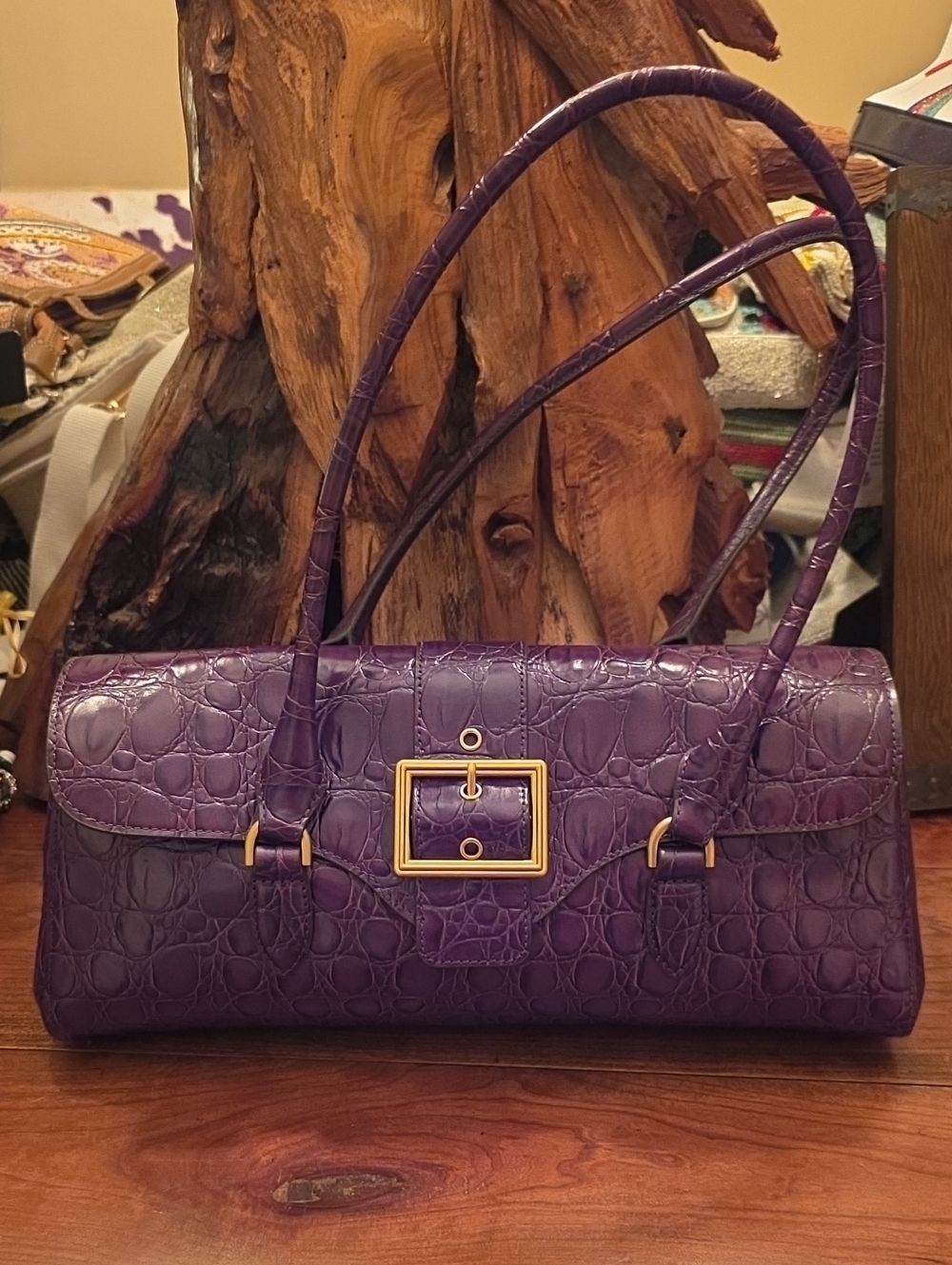 Brahmin Dayan shoulder bagPurple Croc-Embossed Shoulder Bag with Gold Buckle